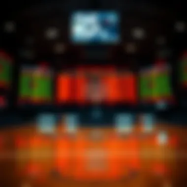 A basketball court with betting odds displayed