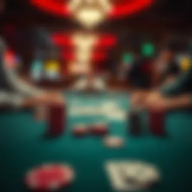 Close-up of a poker table with chips and cards