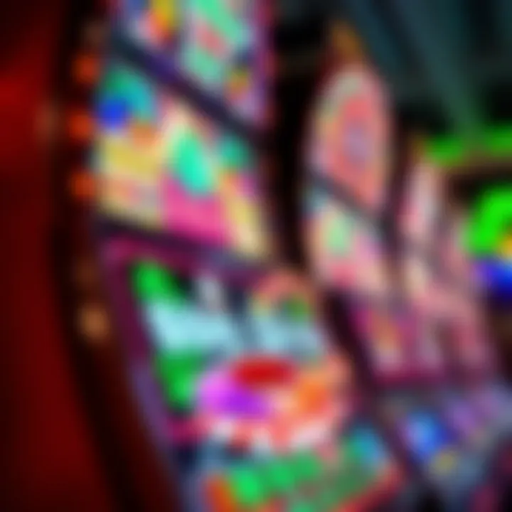 A close-up view of a vibrant casino tower slot machine featuring unique themes and graphics.