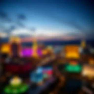 An overview of a Las Vegas skyline at night with illuminated hotels