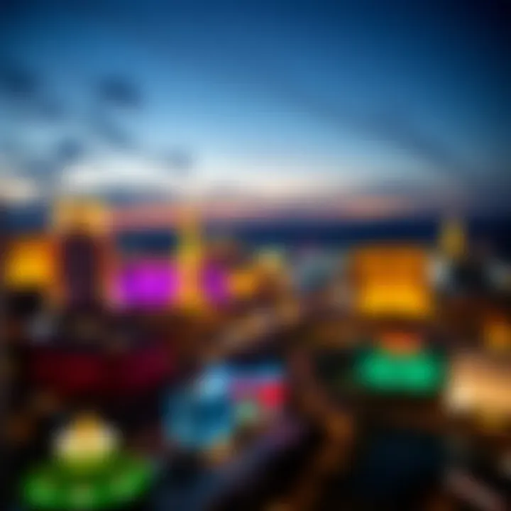 An overview of a Las Vegas skyline at night with illuminated hotels
