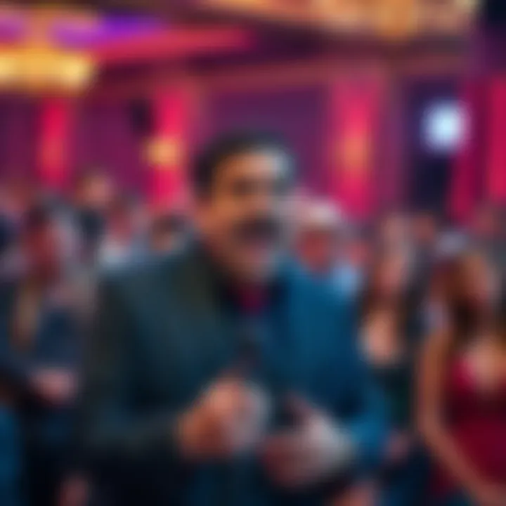 A comedian delivering a punchline with a lively crowd in the background