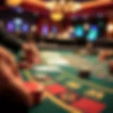 A close-up view of a blackjack table with chips and cards