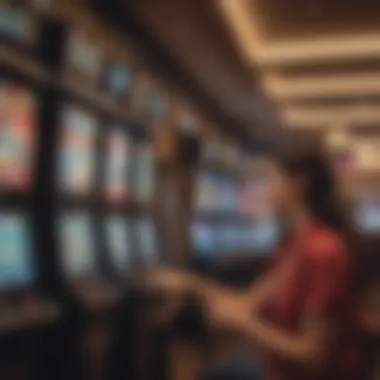 Customers engaging with betting kiosks and screens inside a Caesars Sportsbook.