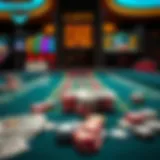 A vibrant table showcasing various card games with chips and money