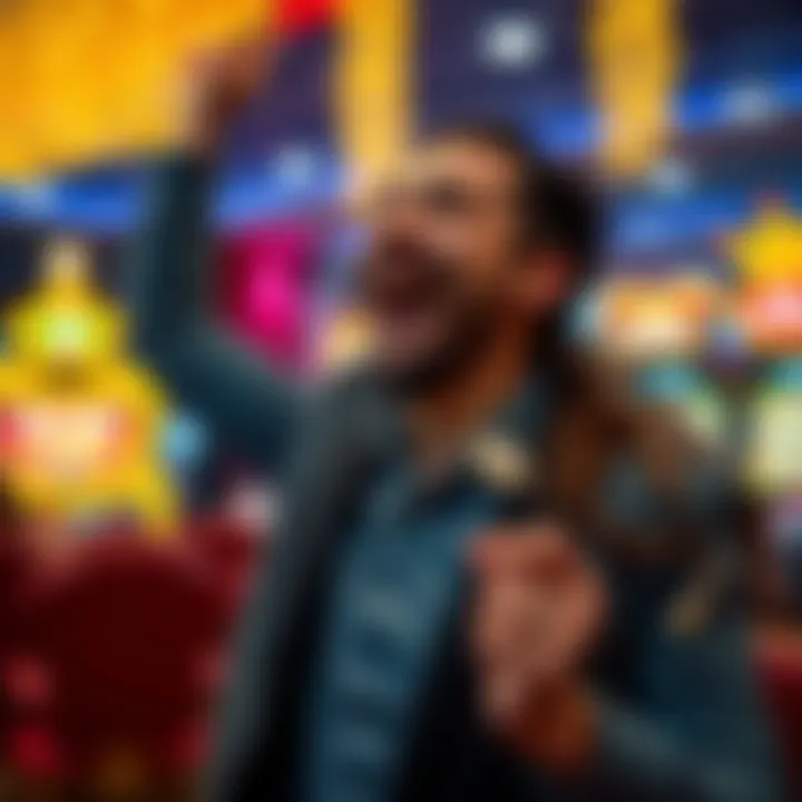 A successful player celebrating a win with digital coins