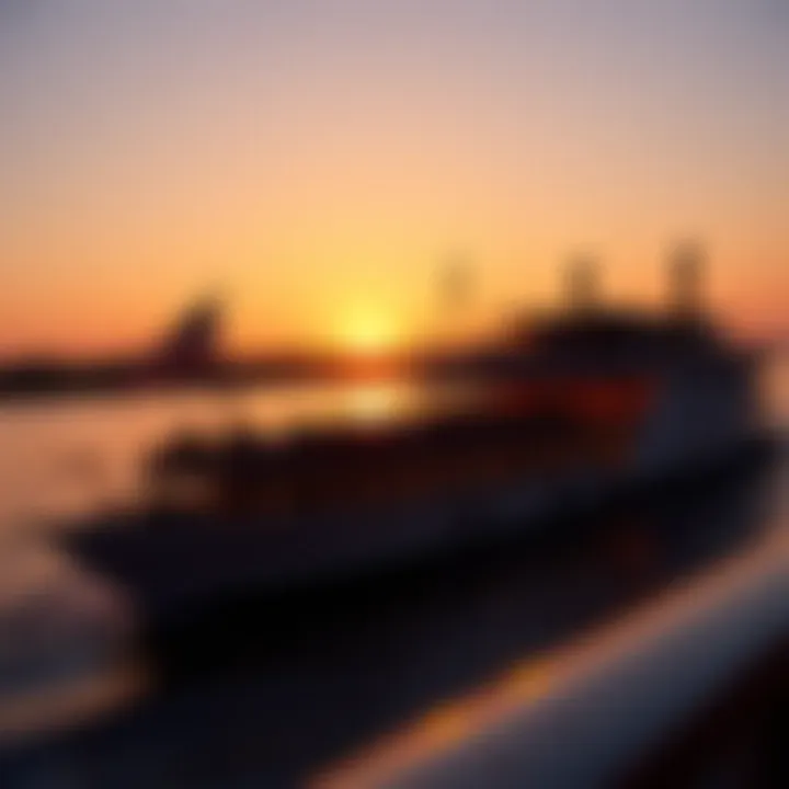 Scenic riverboat casino gliding along the Mississippi River under a sunset