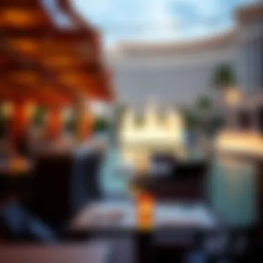 The picturesque outdoor seating area at Lago, overlooking the iconic fountains