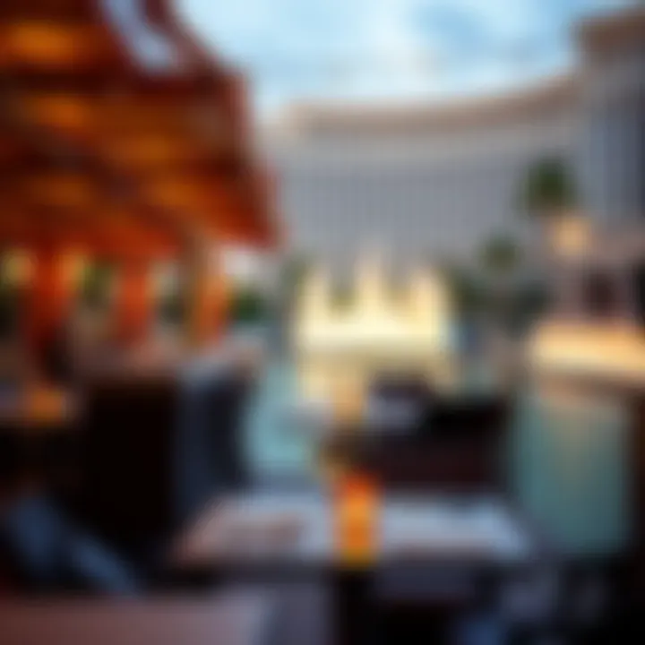 The picturesque outdoor seating area at Lago, overlooking the iconic fountains