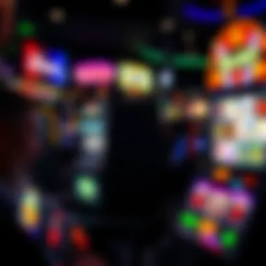 An illuminated old slot machine surrounded by modern gaming technology