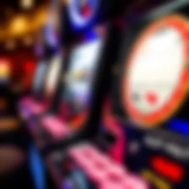 Close-up view of a classic slot machine with spinning reels