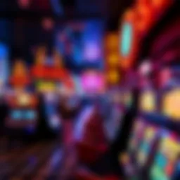 A vibrant downtown Vegas casino floor filled with slot machines and neon lights
