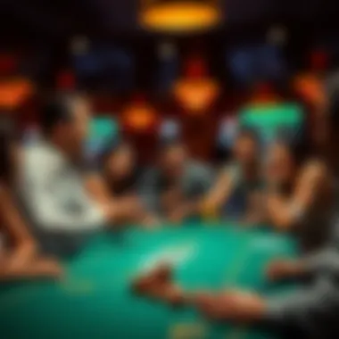 A group of enthusiastic players engaged in conversation at a blackjack table