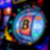 A digital representation of cryptocurrency symbols spinning like a slot machine reel