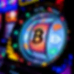 A digital representation of cryptocurrency symbols spinning like a slot machine reel