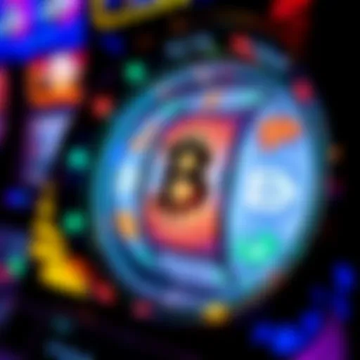 A digital representation of cryptocurrency symbols spinning like a slot machine reel