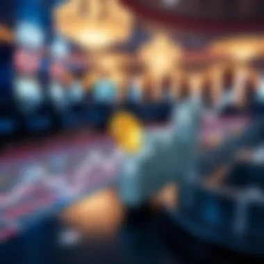 A concept image showing a fluctuating cryptocurrency graph overlaying a casino layout