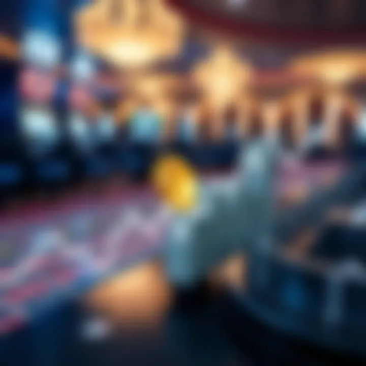 A concept image showing a fluctuating cryptocurrency graph overlaying a casino layout