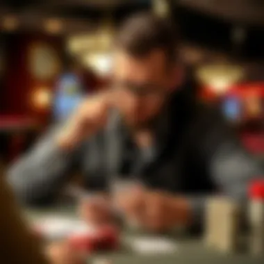 Analyzing Betting Strategies A thoughtful individual analyzing betting strategies with cards and statistics