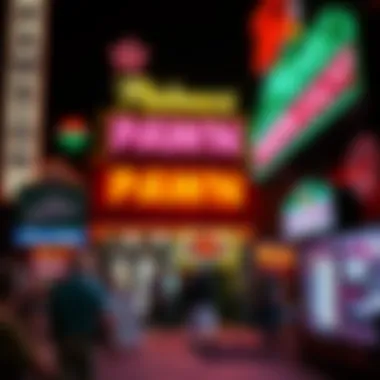 A vibrant street view of a bustling pawn shop with neon signs reflecting Las Vegas nightlife