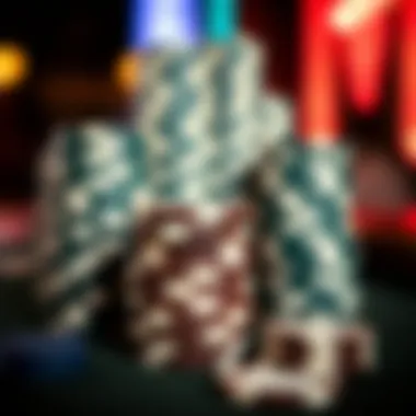 Close-up of poker chips stacked in preparation for a game