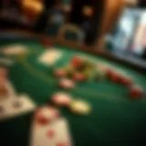 Overview of a blackjack table with cards and chips