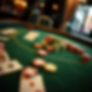 Overview of a blackjack table with cards and chips