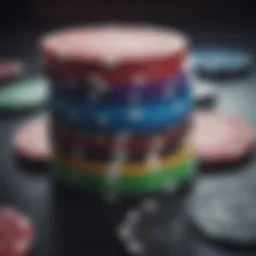 Close-up of colorful poker chips stacked in a neat arrangement