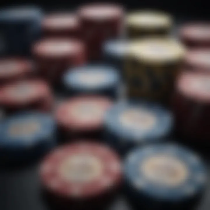 A detailed view of different denominations of poker chips