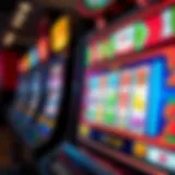 A close-up view of a modern slot machine displaying vibrant graphics and symbols