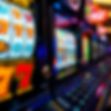 Close-up view of a nine line slot machine's reels and symbols emphasizing payout potential.