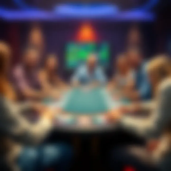 A cheerful virtual gathering of players around a digital poker table.