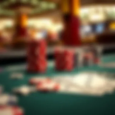 A close-up of poker chips and cards on a tournament table