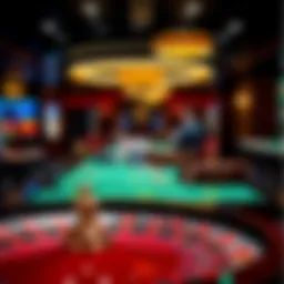 A vibrant display of classic casino games including blackjack and roulette