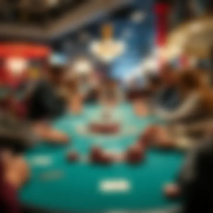 Poker Strategies and Interactions A strategic overview of a poker game table highlighting player interactions