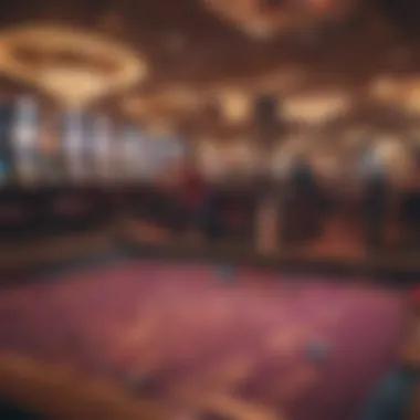 A vibrant casino floor with animated gaming tables filled with players