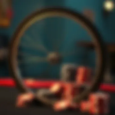 An artistic representation of a bicycle wheel integrated with poker chips