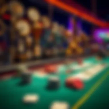 A vibrant poker table with chips and cards, set against a backdrop of cycling trophies