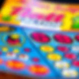 A close-up view of a colorful scratch-off lottery ticket revealing hidden symbols