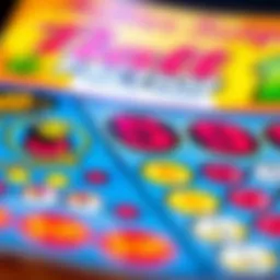 A close-up view of a colorful scratch-off lottery ticket revealing hidden symbols