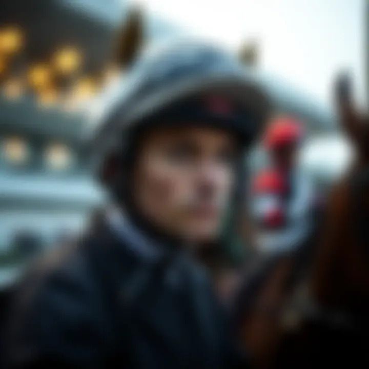 A close-up of a jockey preparing for a race with focused determination